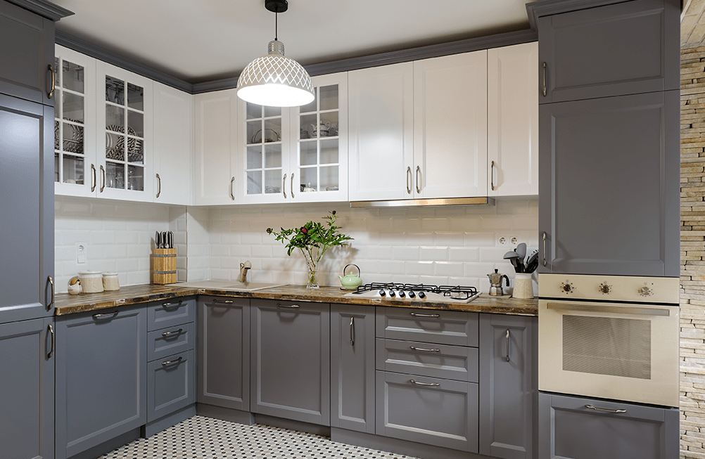 White and gray kitchen cabinets