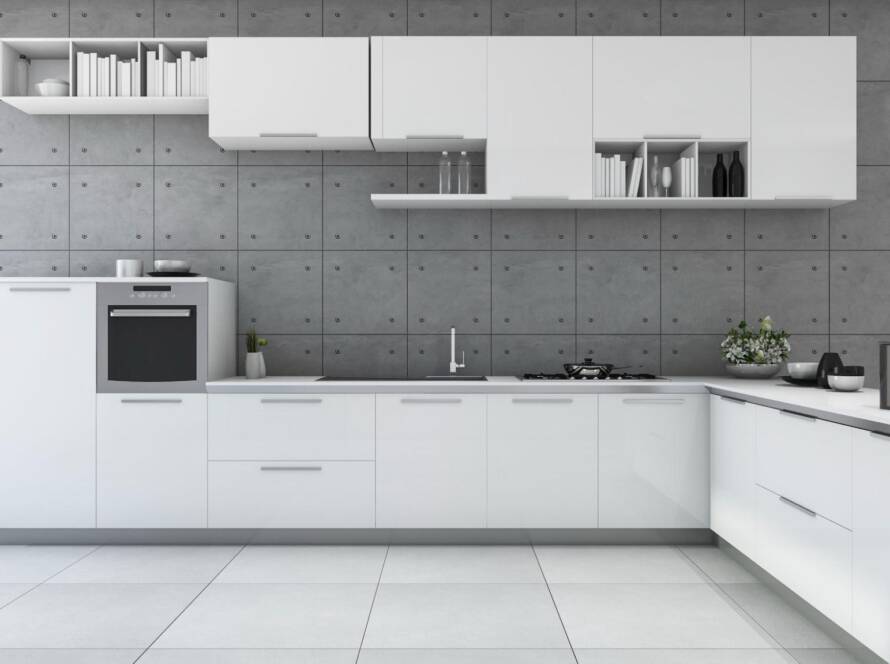3D rendering of a modern white kitchen with a stylish cabinet design in a loft-style space.