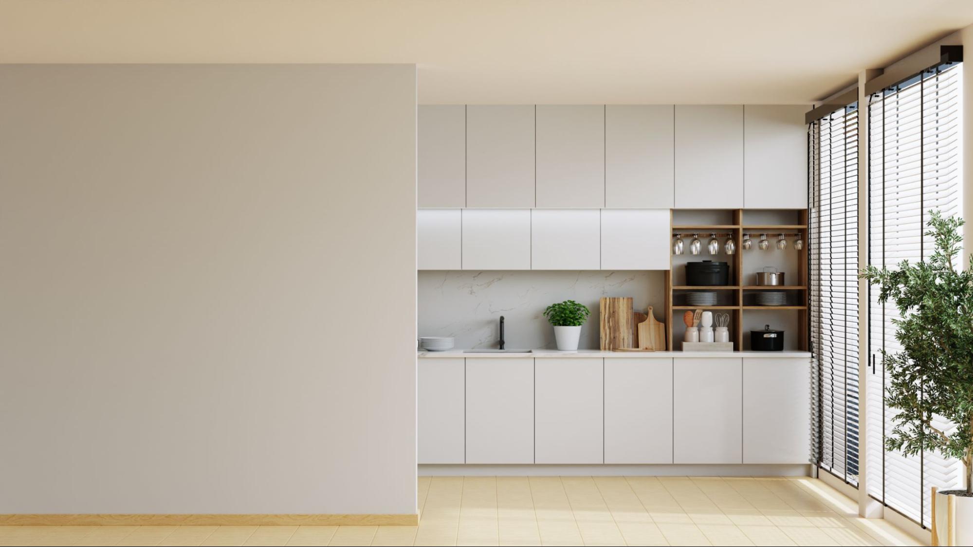 A 3D rendering of a minimalist kitchen showcasing a cabinet with shelves alongside open shelves on the side.