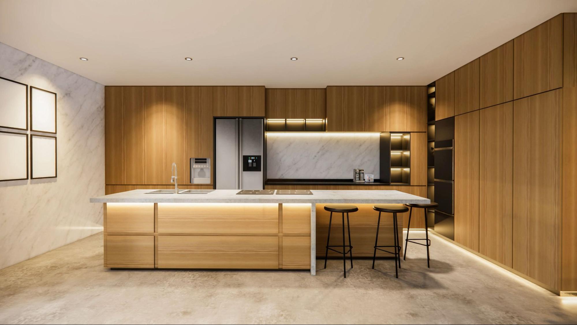 Stylish kitchen featuring rich wooden cabinet design with clean lines and classic detailing.