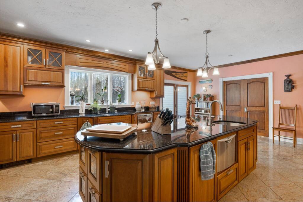 Wood cabinets in a kitchen.