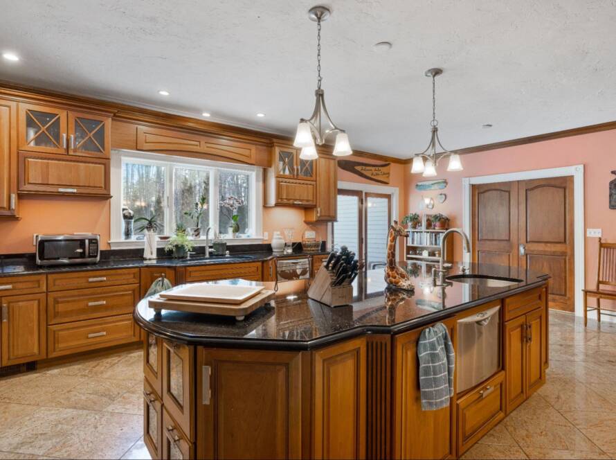 Wood cabinets in a kitchen.