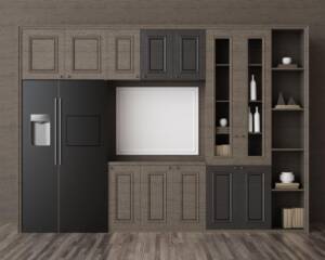 A 3D mockup of a modern kitchen interior with gray tones featuring different cabinet sizes that enhance functionality and sleek design.
