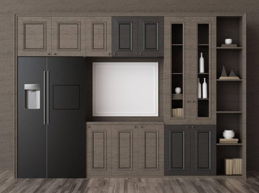 A 3D mockup of a modern kitchen interior with gray tones featuring different cabinet sizes that enhance functionality and sleek design.