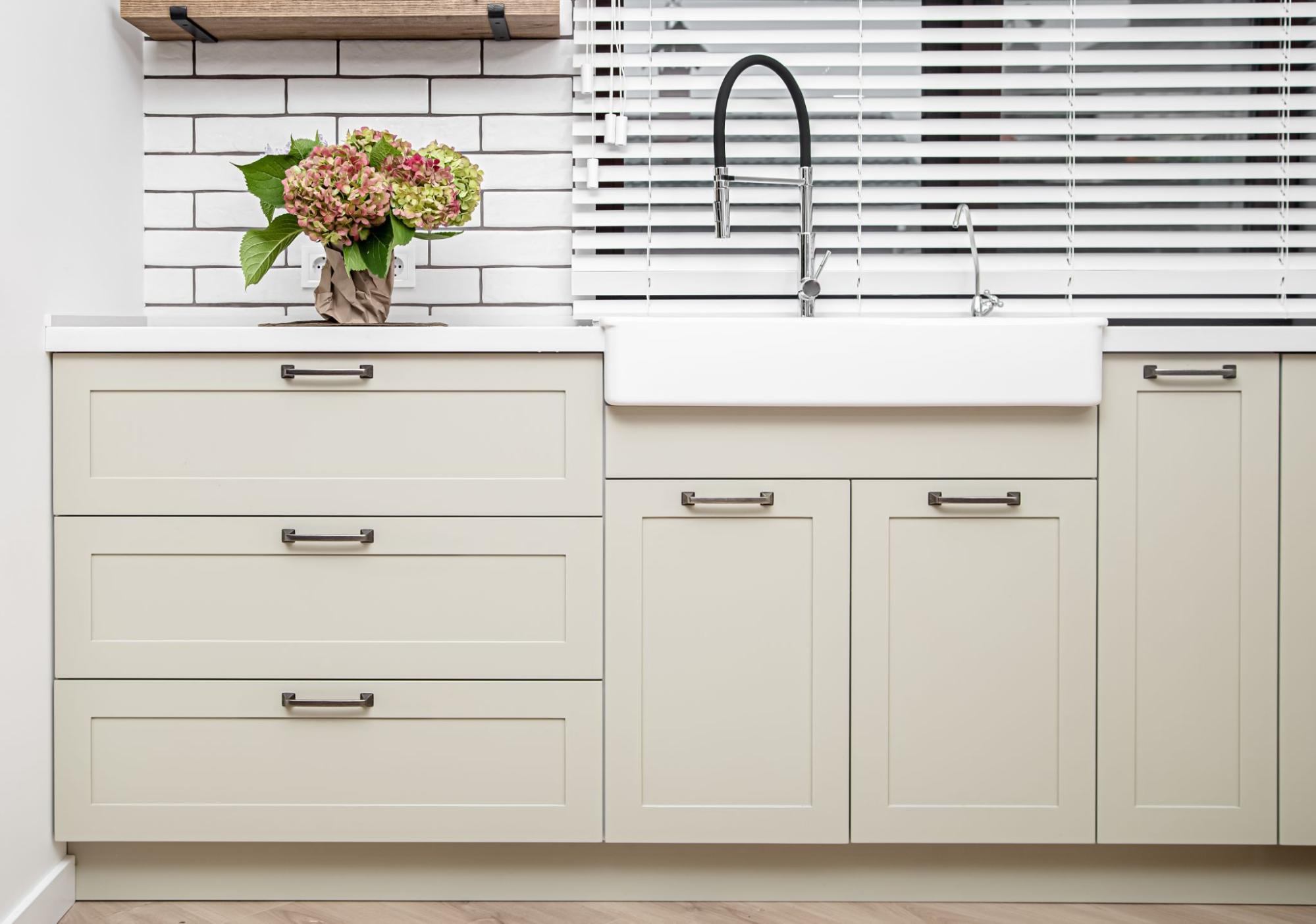 Modern kitchen interior with elegant white shaker cabinets