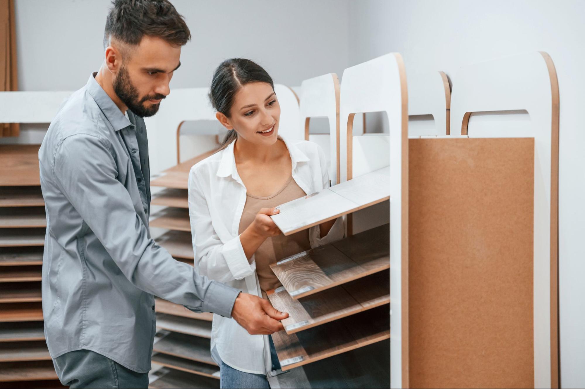 A couple meticulously assesses the store's different materials for cabinet styles.