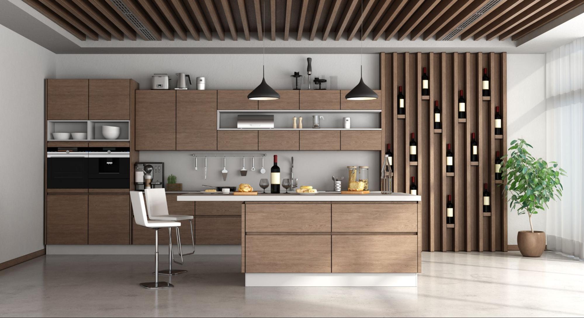 Modern wooden kitchen with central island and sleek cabinetry design.